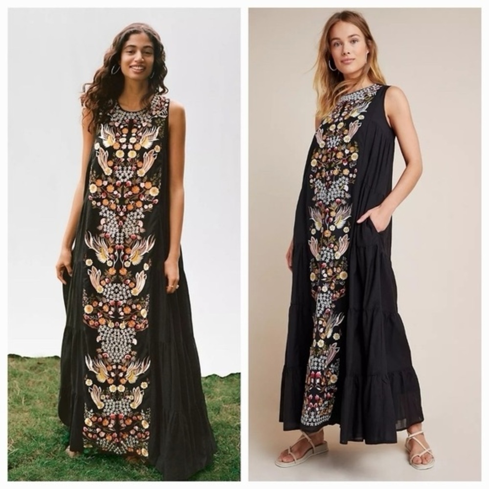 SAMANT CHAUHAN Anthropologie Black Maxi Dress with Multicolor Embroidery